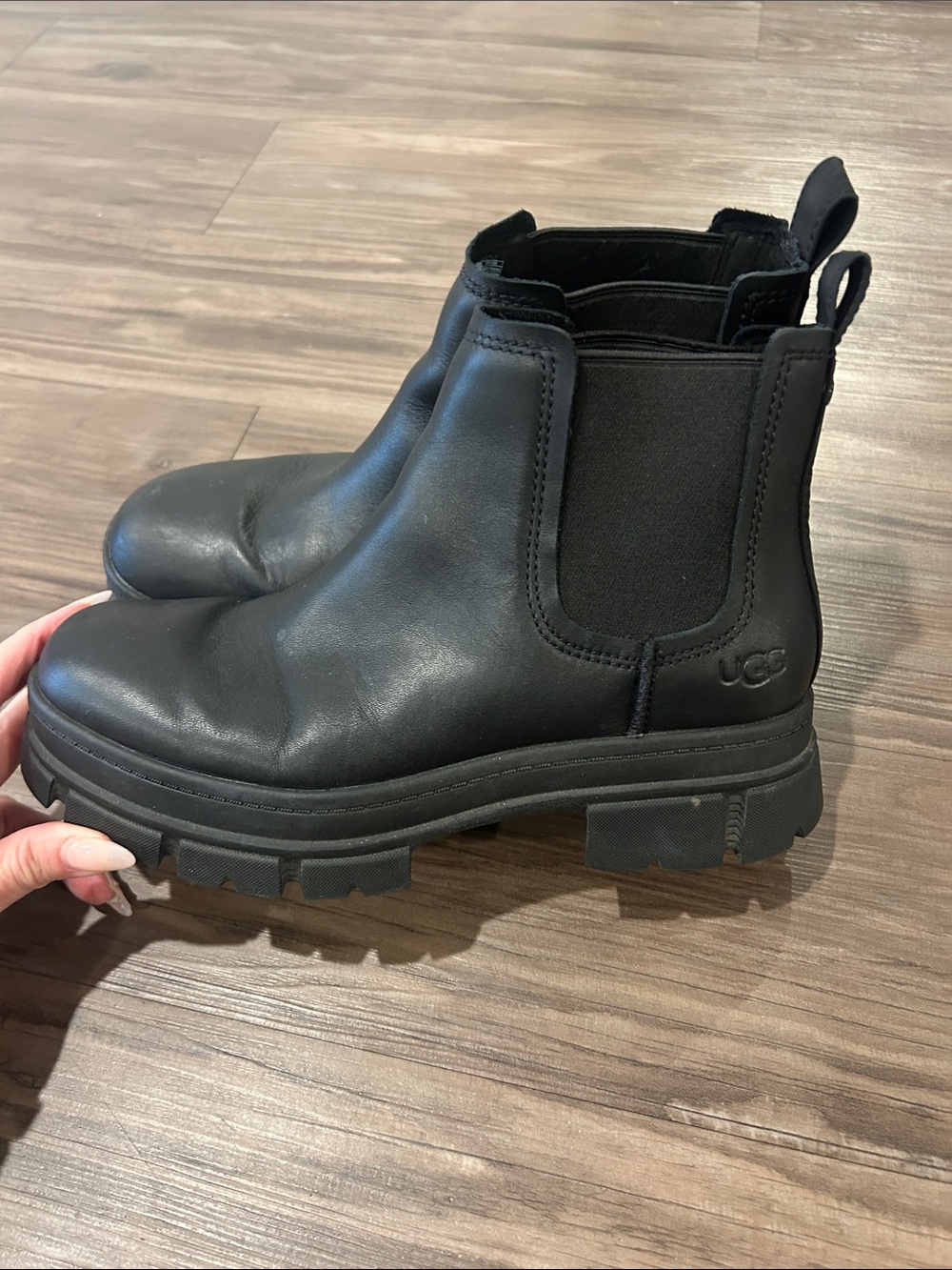 UGG Black Leather Chelsea Lug Booties